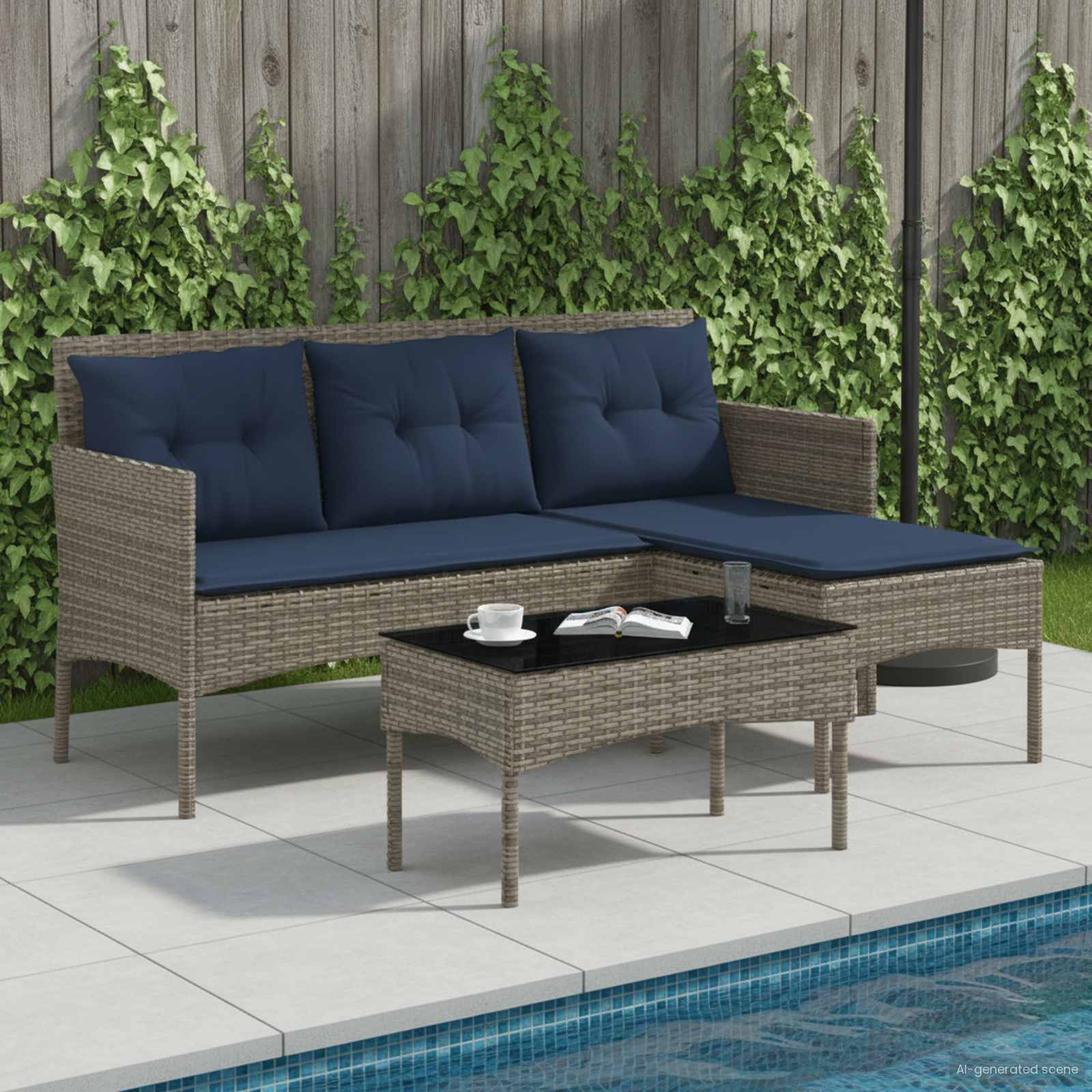 Gartensofa-set mit Kissen 2 pcs Grau und Marineblau Poly-Rattan