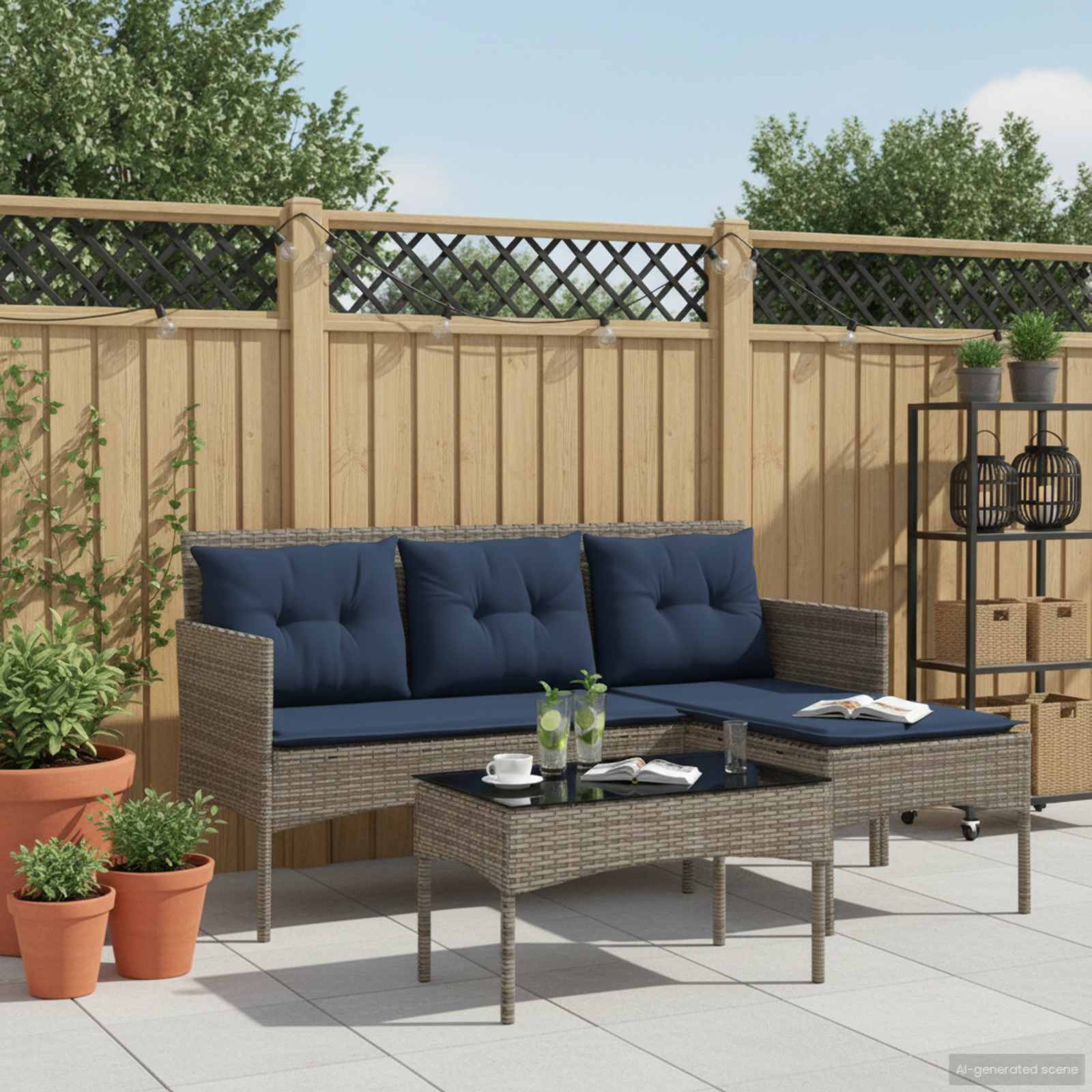 Gartensofa-set mit Kissen 2 pcs Grau und Marineblau Poly-Rattan