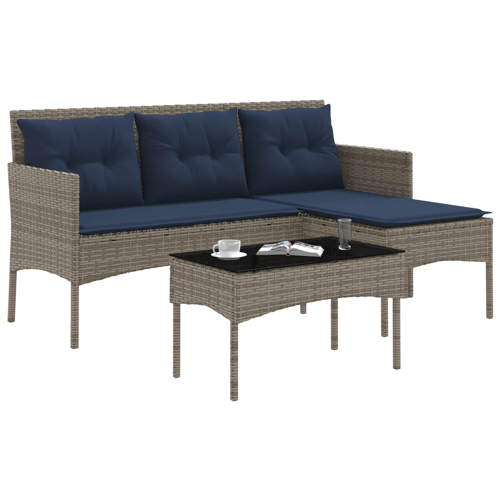 Gartensofa-set mit Kissen 2 pcs Grau und Marineblau Poly-Rattan