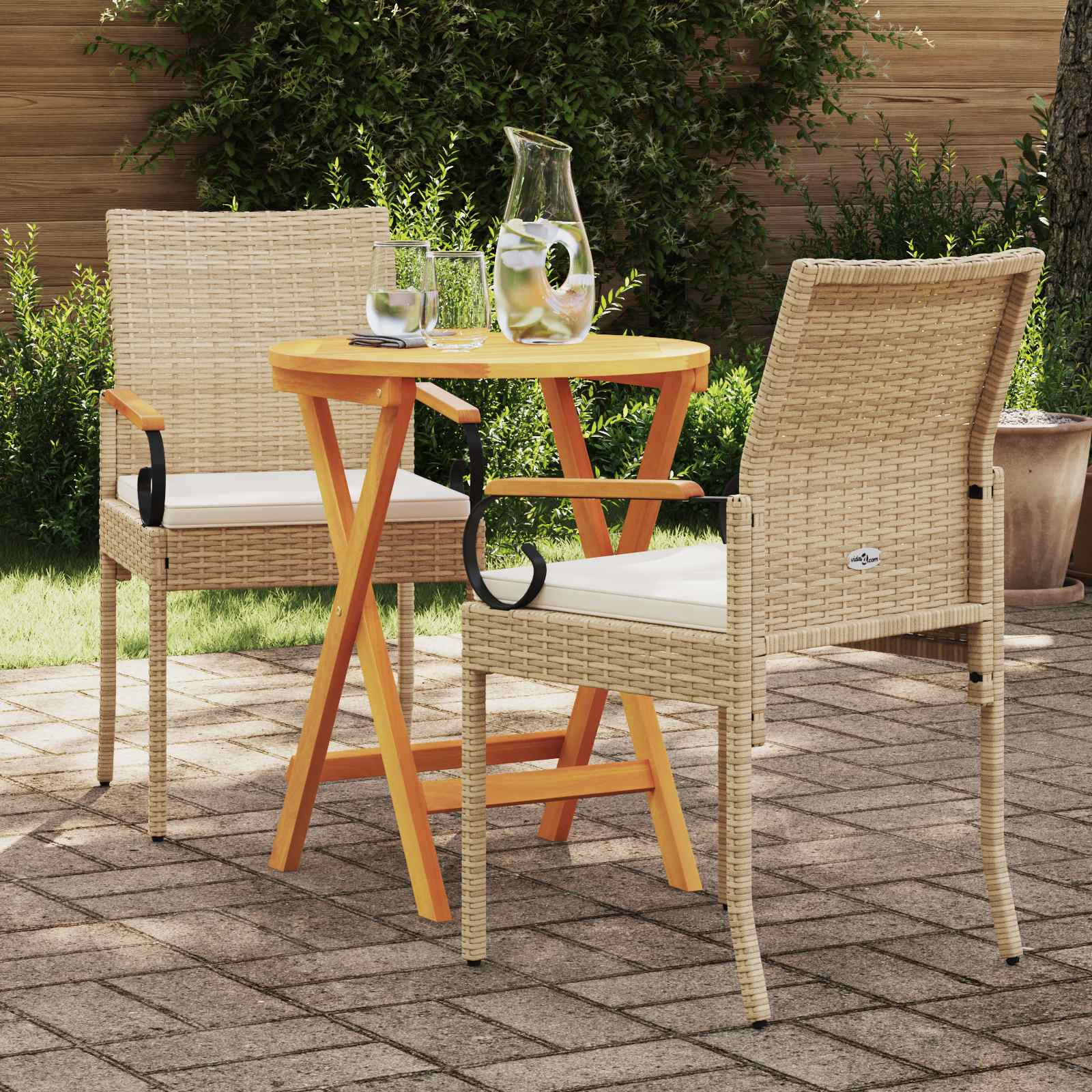 Gartenstühle 2 pcs Beige und Cremeweiß Poly-Rattan und Akazie