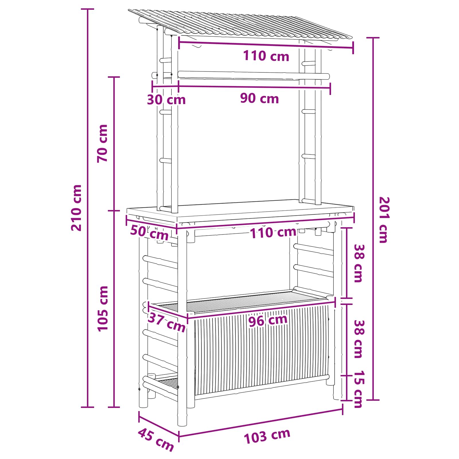 Outdoor Bartisch mit Speicher Natur 110 x 50 x 210 cm Bambus