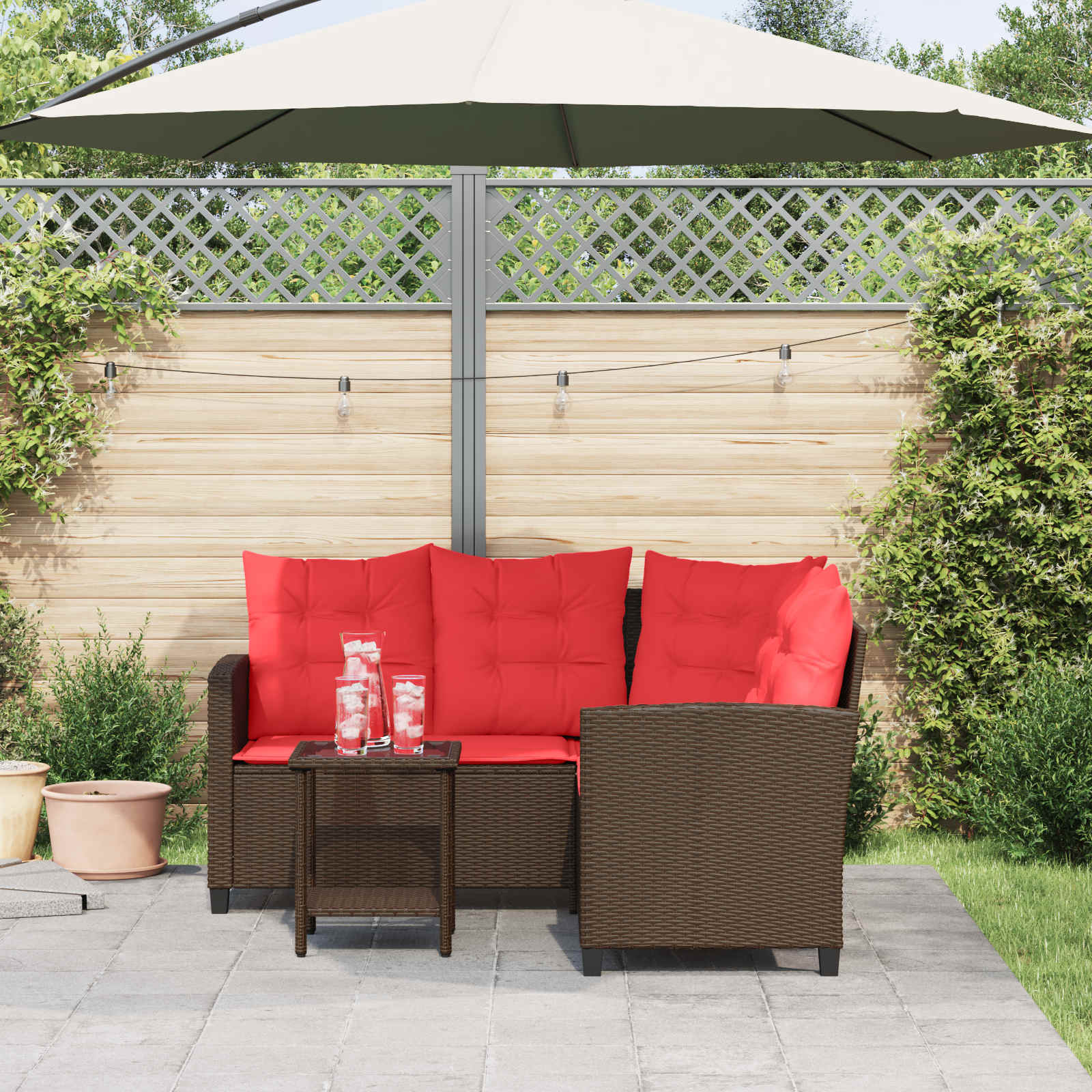 Outdoor-Sofagarnitur mit Kissen 2 pcs Braun und Rot Poly-Rattan