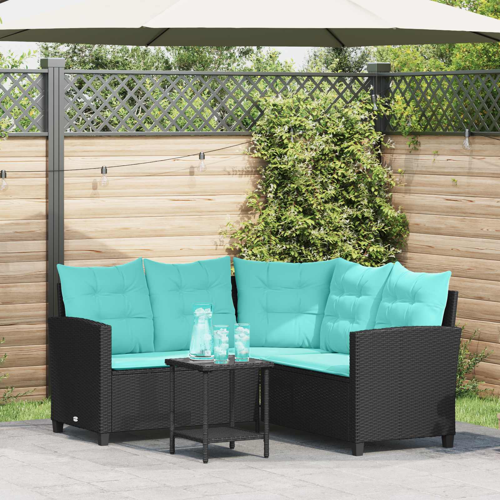Garten-Sofa mit Kissen 2 pcs Schwarz und Türkis Poly Rattan