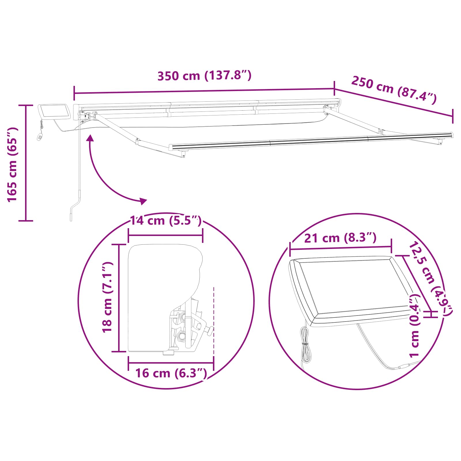 Manueller Markisenrahmen mit LEDs Anthrazit 3,5 x 2,5 m