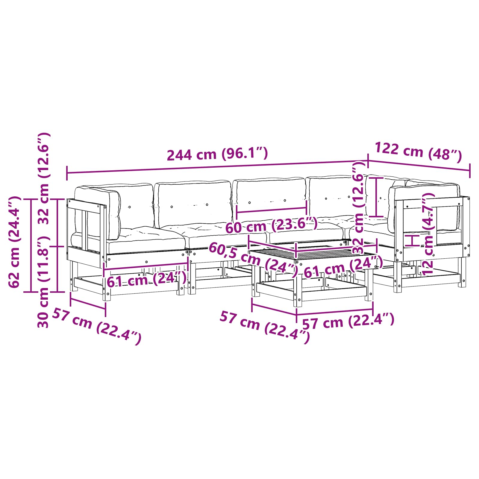 Garten-Lounge-Set 6 pcs Wachsbraun Massives Kiefernholz