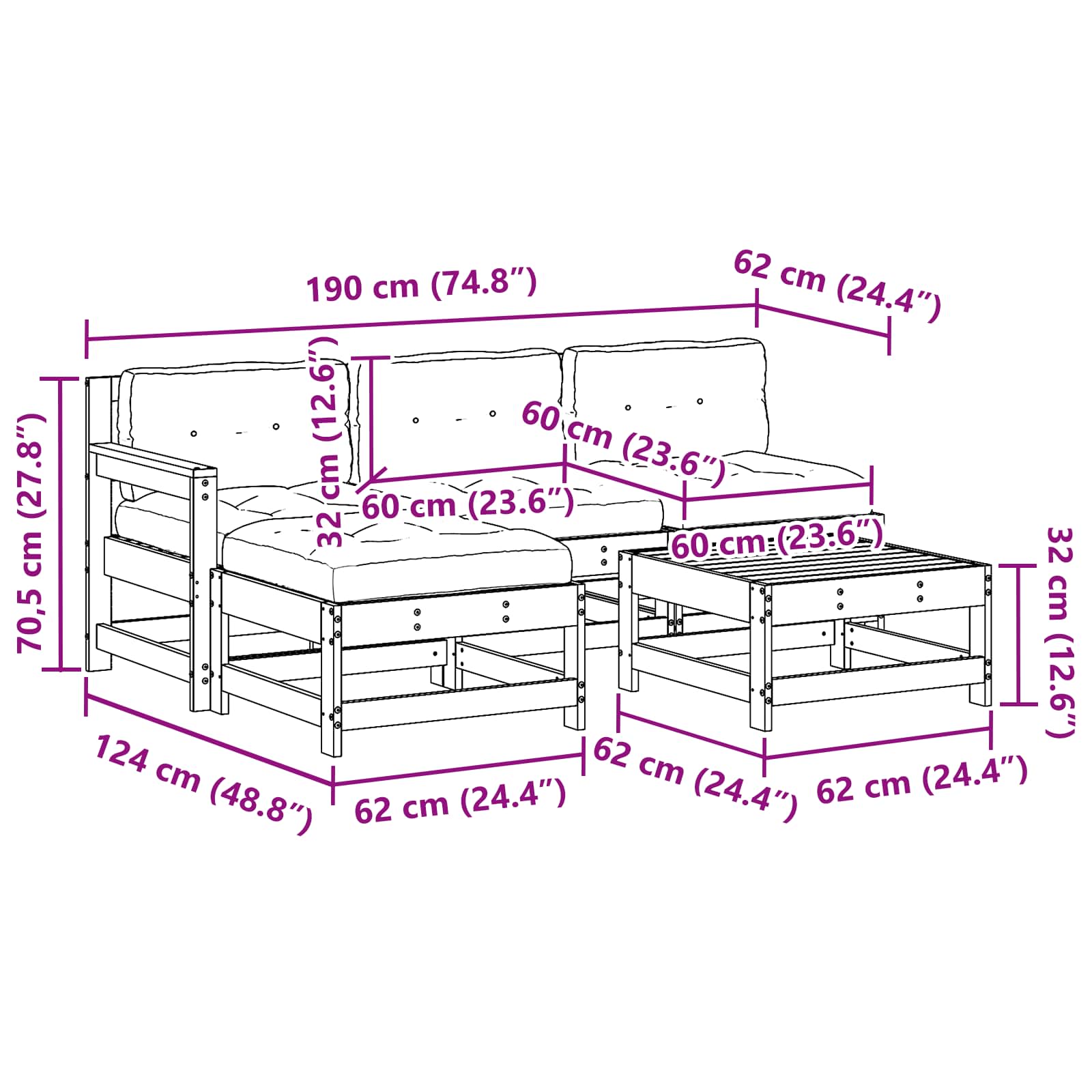 Garten-Lounge-Set 5 pcs Wachsboden Kiefer Massives Kiefernholz