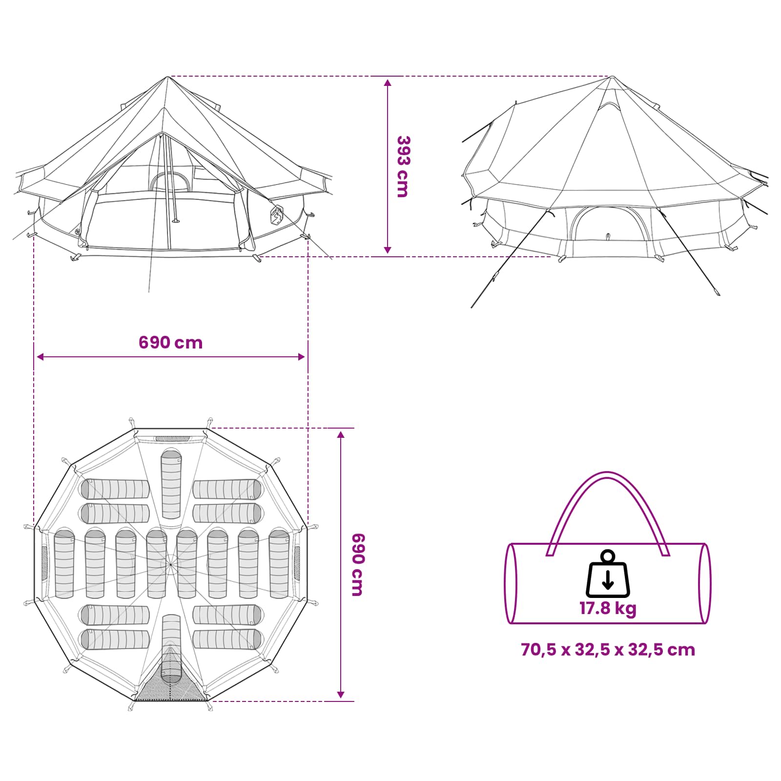 Tipi Zelt Olivegrün 700 x 700 x 395 cm Polyester und Stahl
