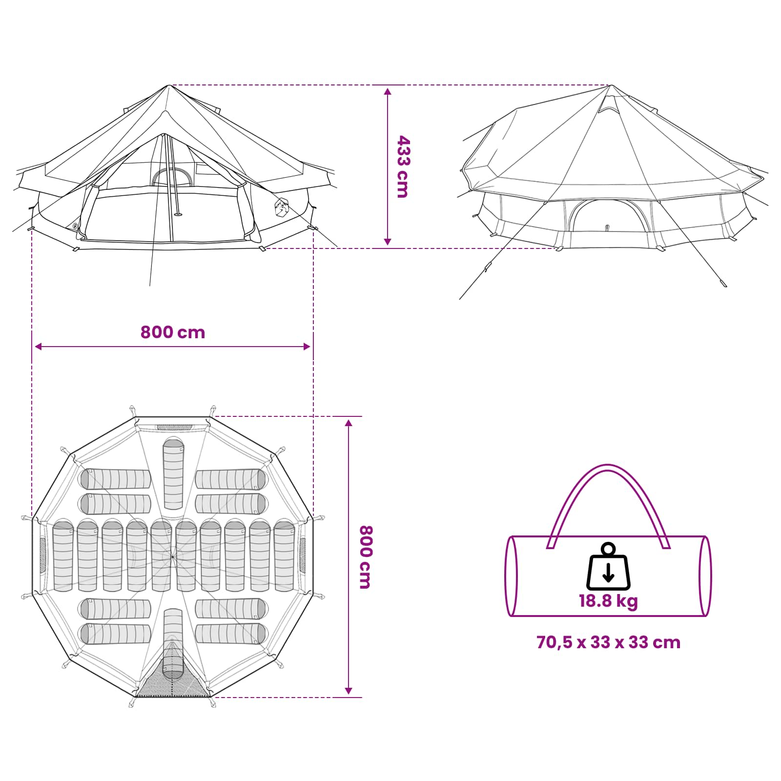 Tipi Zelt Braun Grau 800 x 800 x 430 cm Polyester und Stahl