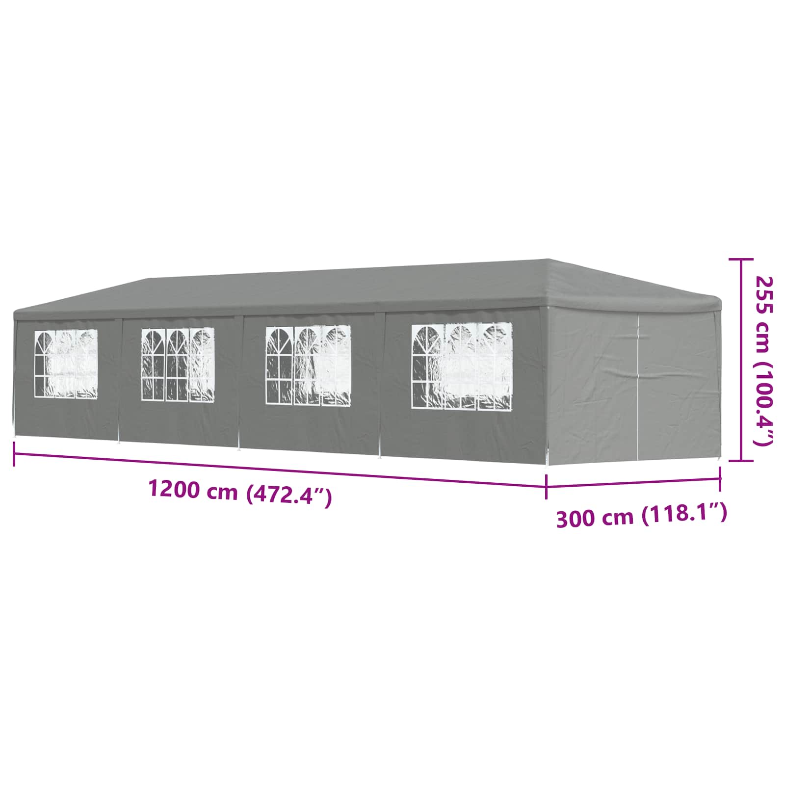 Party-Zelt 1200 x 300 x 255 cm Hellgrau PE und Stahl