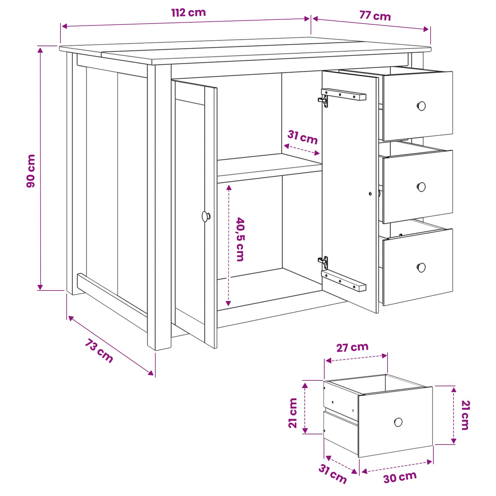 Küchentrolley mit Tür PANAMA 2 pcs Honigwachs 112 x 77 x 90 cm