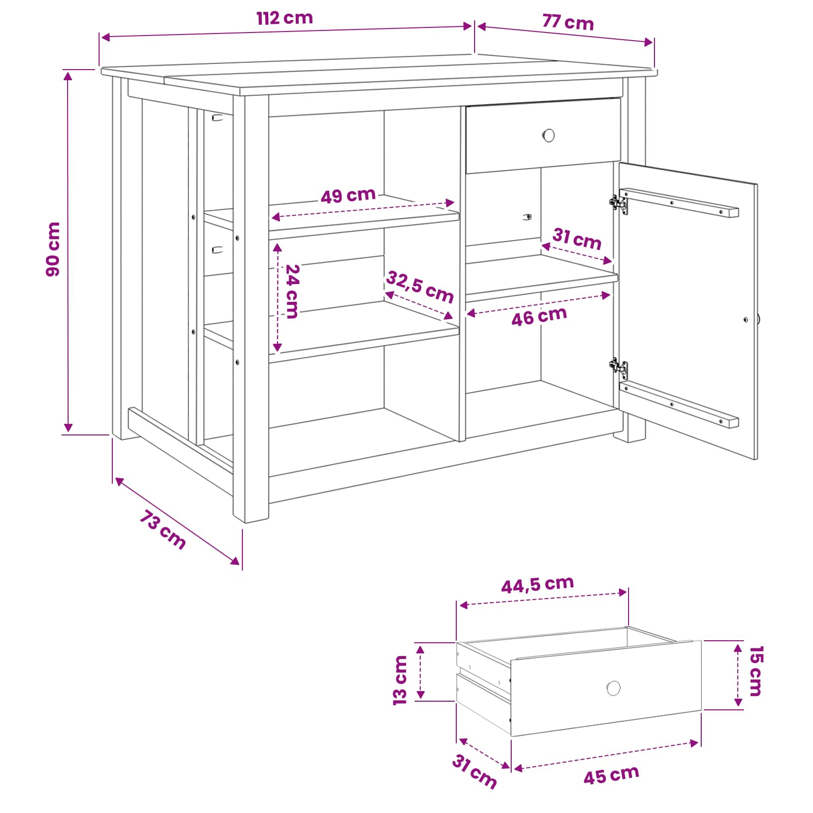 Küchentrolley PANAMA 2 pcs Weiß und Honigwachs 112 x 77 x 90 cm