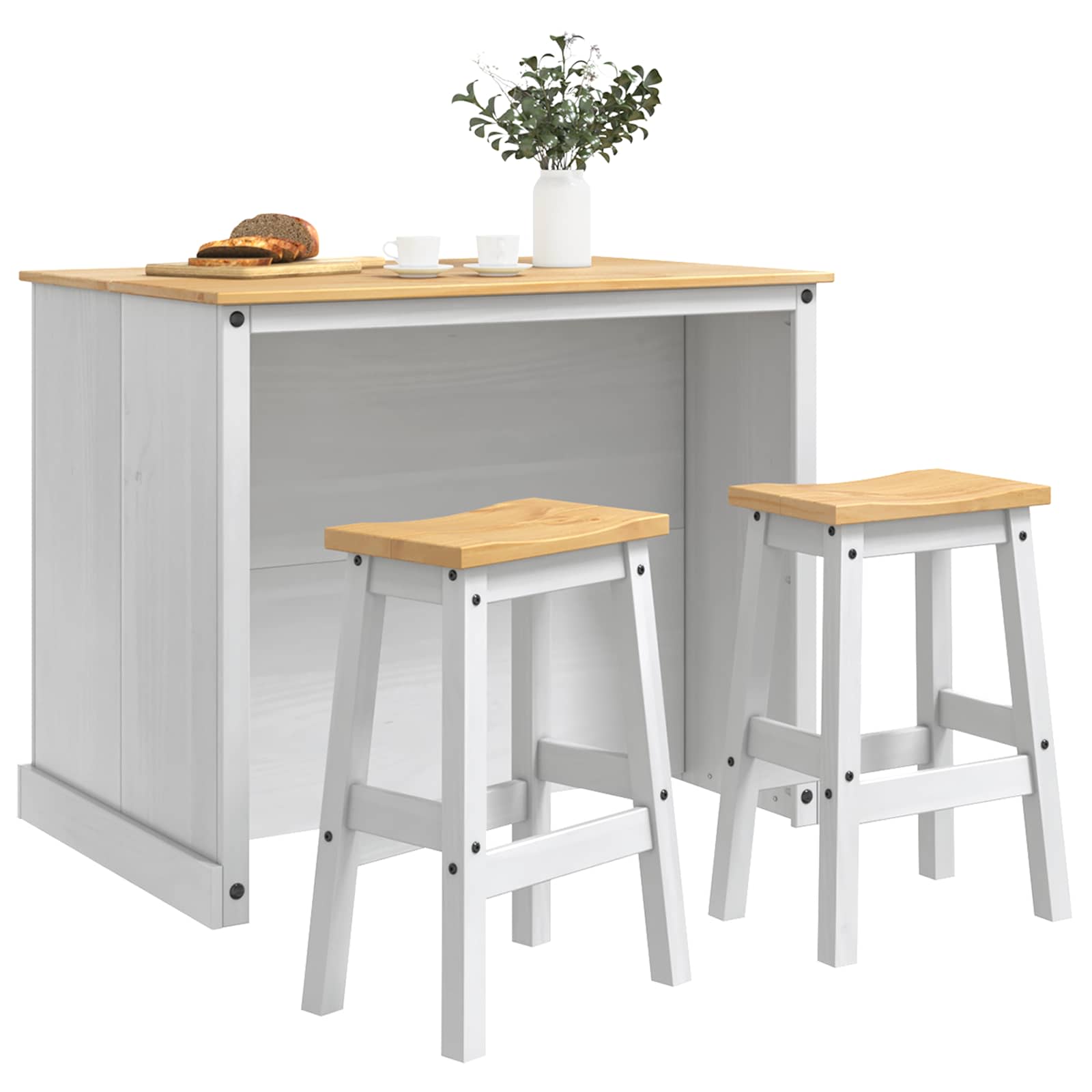 Kücheninsel Set 3 pcs Weiß und Honigwachs Massiv-Kiefer