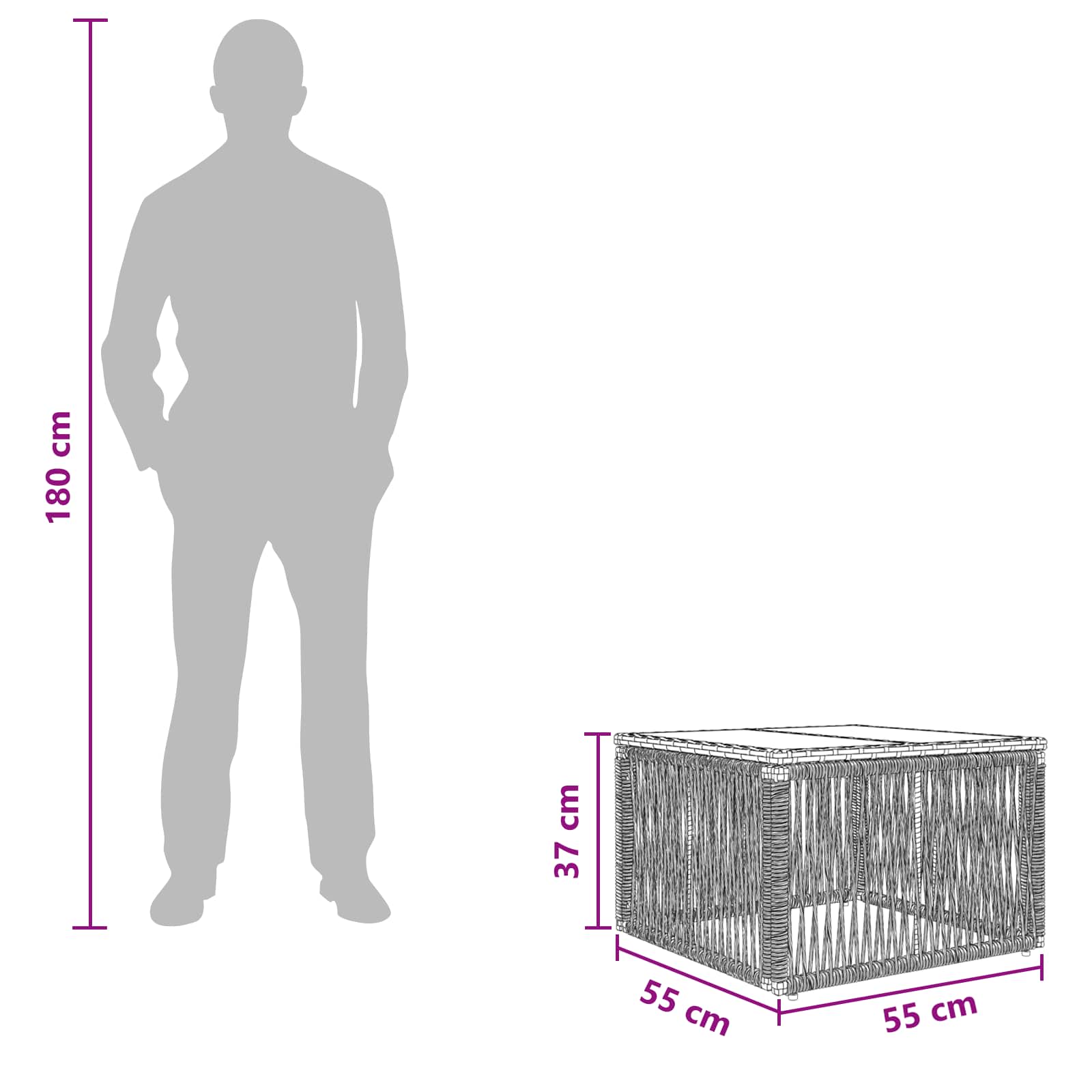 Gartentisch Schwarz 55 x 55 x 37 cm PE Rattan und Glas