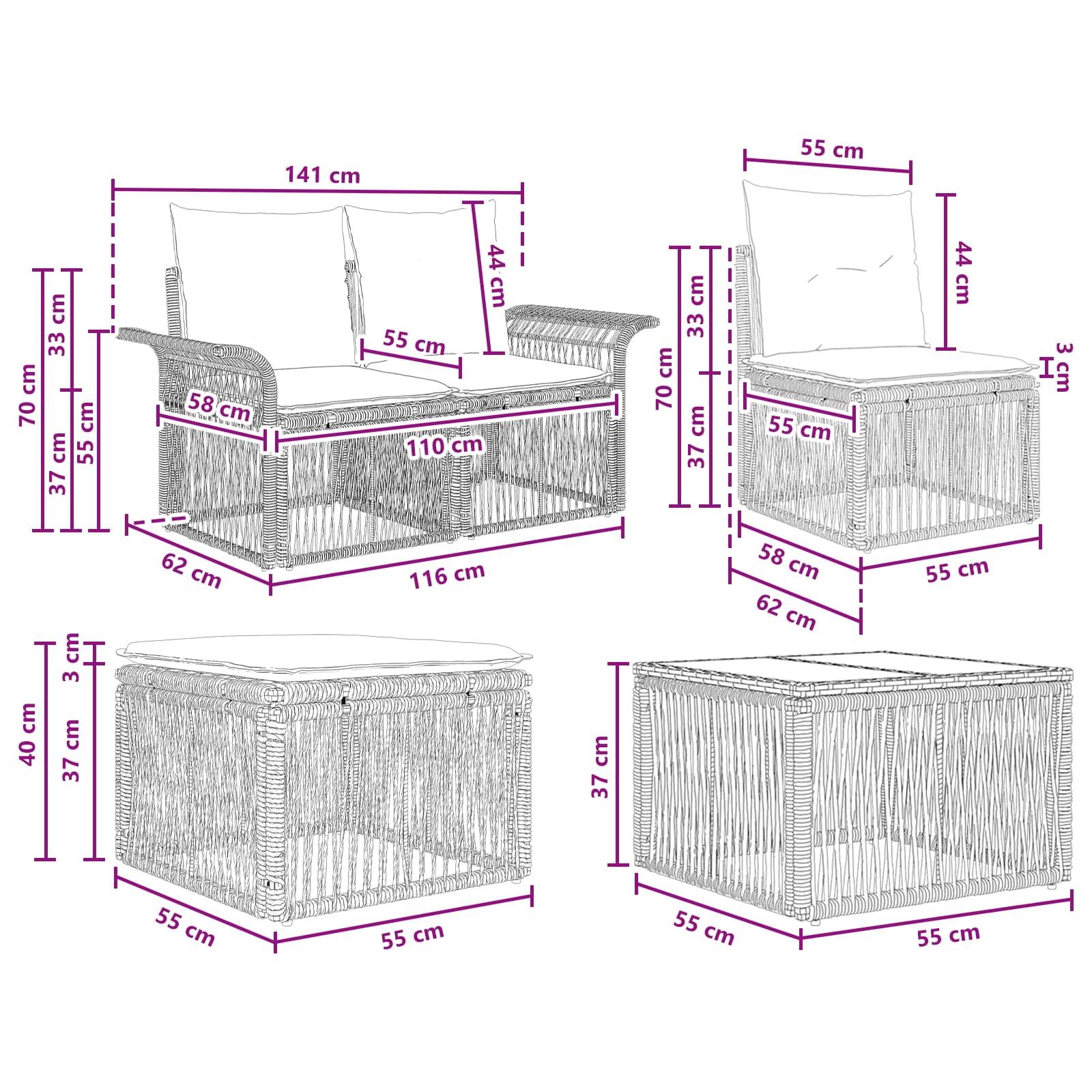 Gartensofa-set 11 pcs Schwarz Poly-Rattan