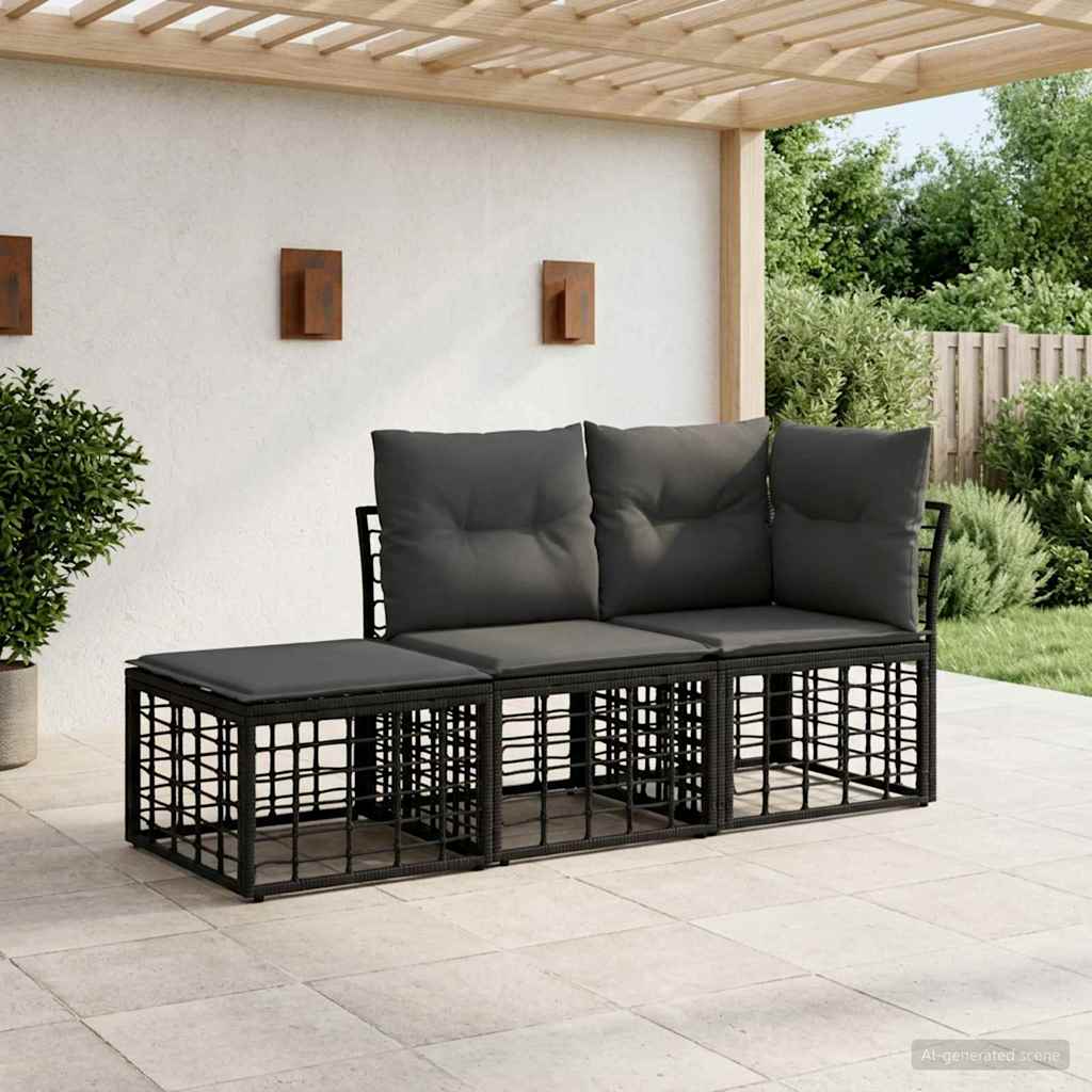 Outdoor-Sofagarnitur mit Kissen 3 pcs Schwarz Polyester