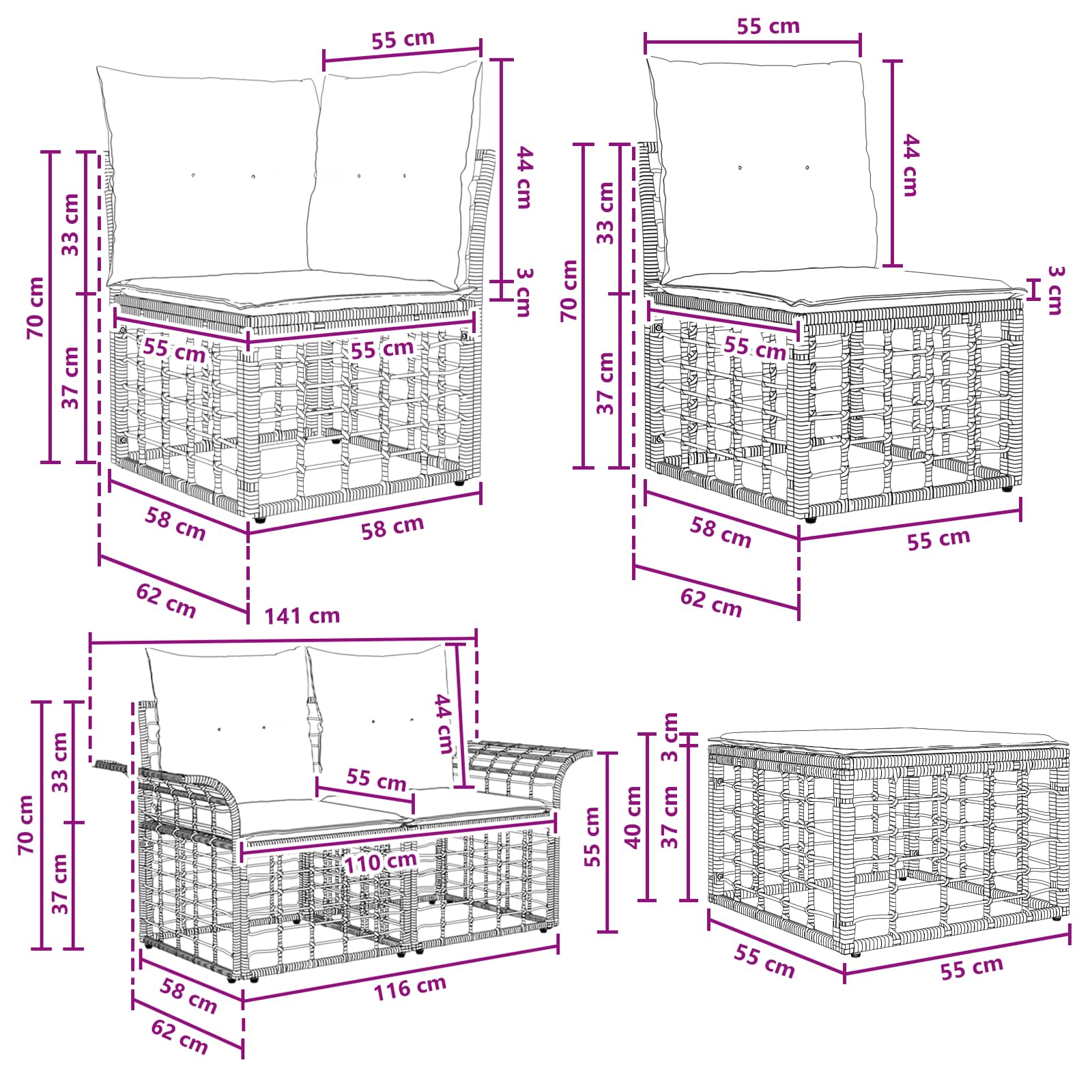 Outdoor-Sofagarnitur 7 pcs Schwarz und Dunkelgrau Polyester