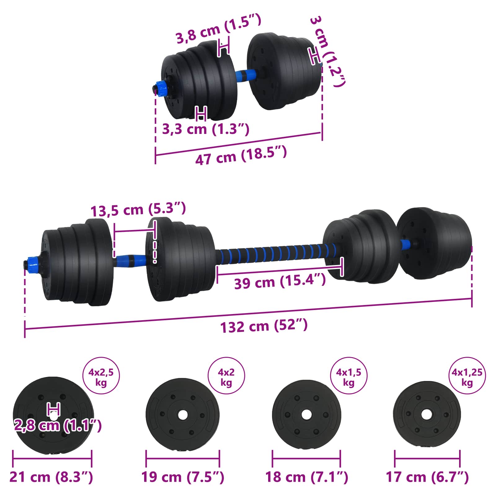 2-in-1 Hantelset 40kg Schwarz und Blau Zement und Eisensand