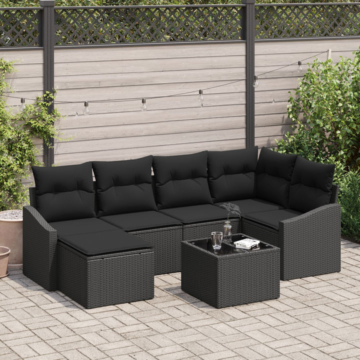 Garten-Essgruppe Set aus 7 Schwarz Rattan, Polyester