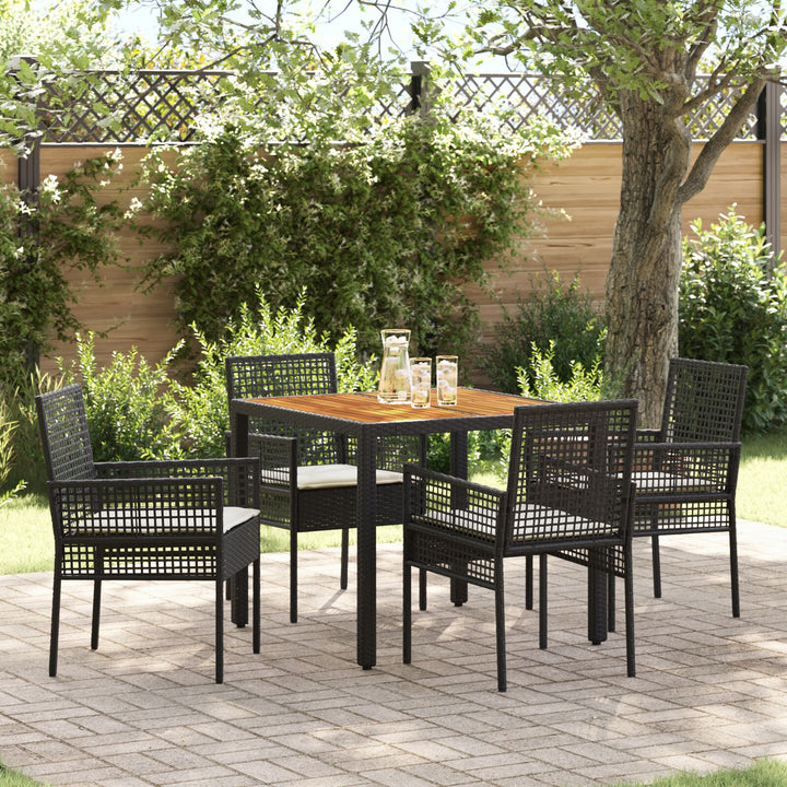 5-teiliges Garten-Essgruppen-Set mit Kissen in Schwarz aus Poly-Rattan
