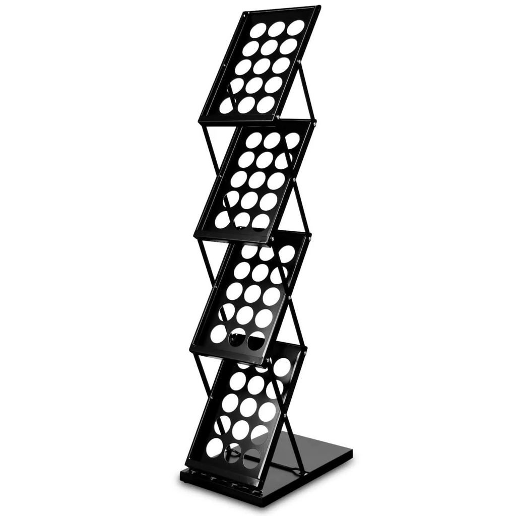 Lausitzer Marktplatz A4-Broschürenständer aus schwarzem Metall mit vier Stufen und kreisförmigen Ausschnitten. Inklusive Transporttasche.