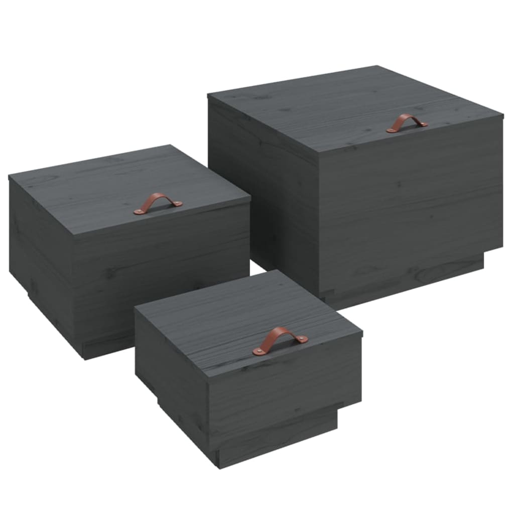 Aufbewahrungsboxen mit Deckeln 3 Stk. Grau Massivholz
