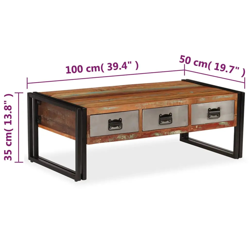 Couchtisch mit 3 Schubladen Altholz Massiv 100x50x35 cm