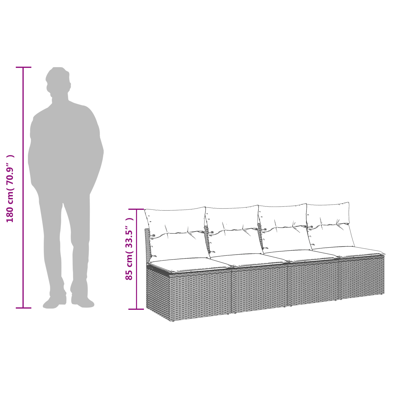 | Gartensofa | mit Kissen Grau 220 x 62 x 69cm Poly-Rattan