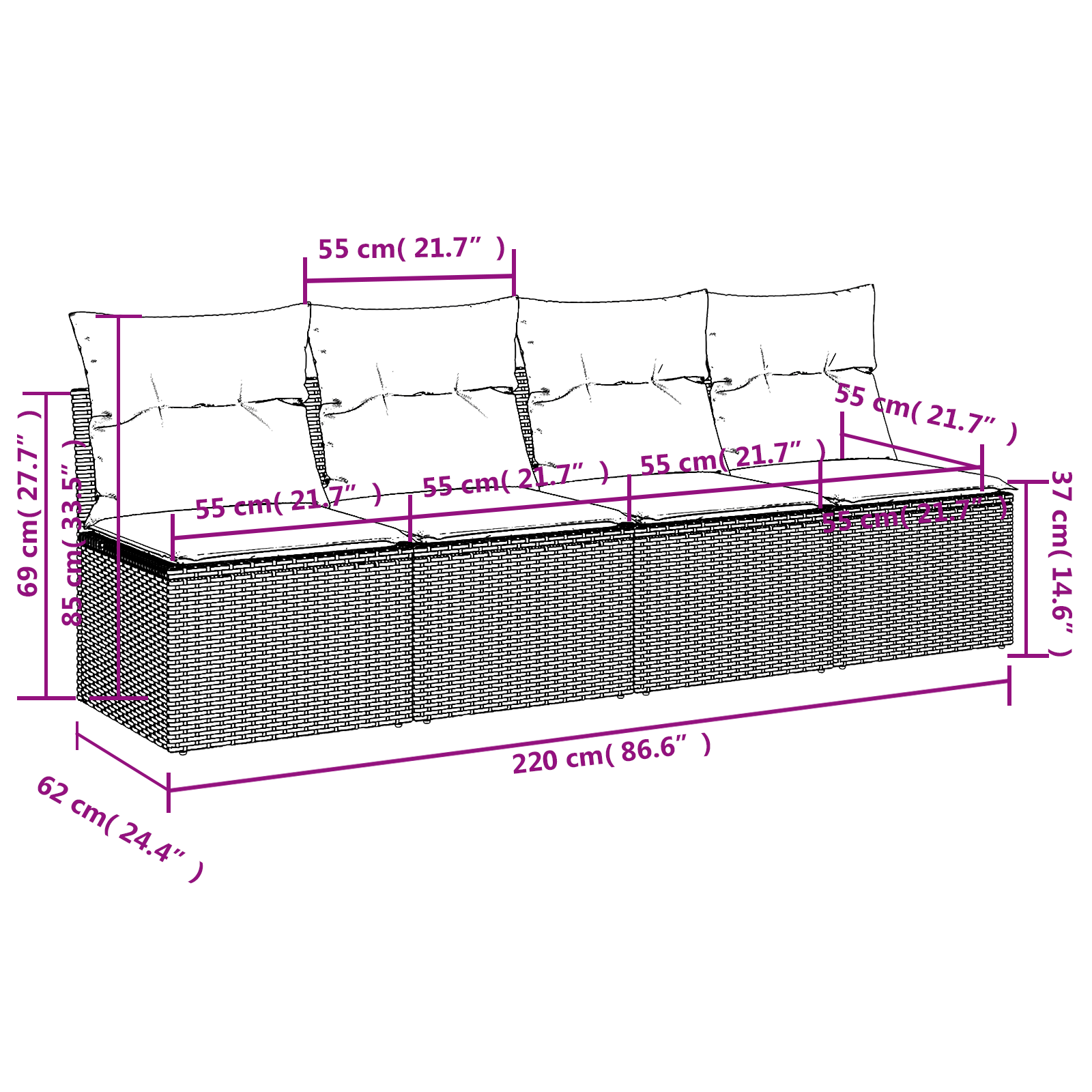 | Gartensofa | mit Kissen Grau 220 x 62 x 69cm Poly-Rattan