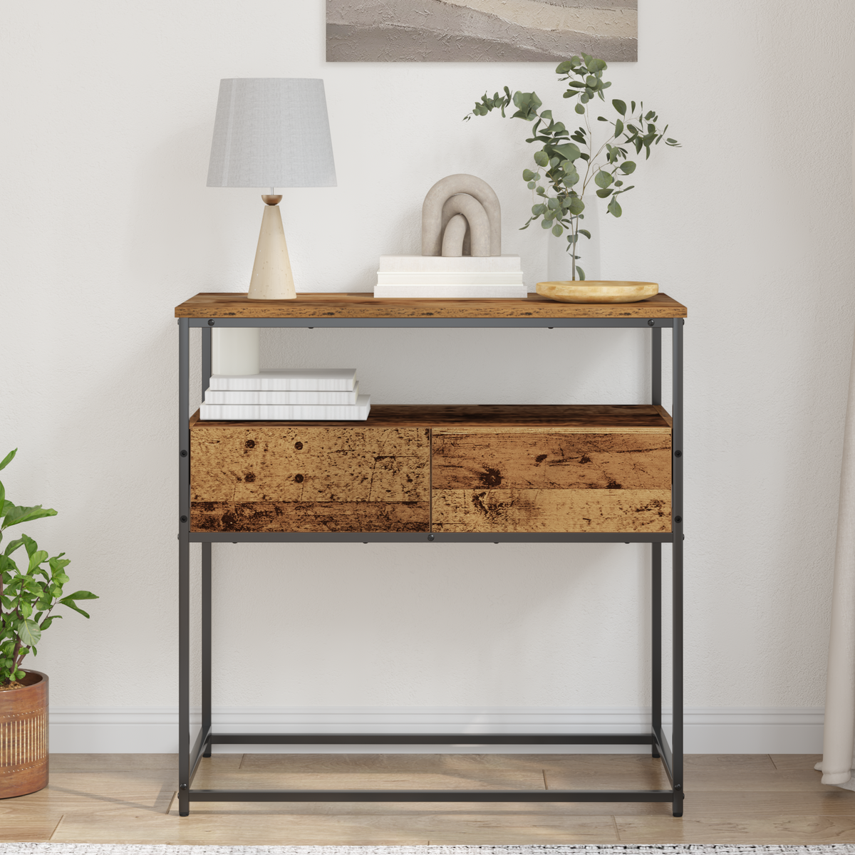 Konsolentisch Altholz 75 x 40 x 75 cm Schichtholz und Metall