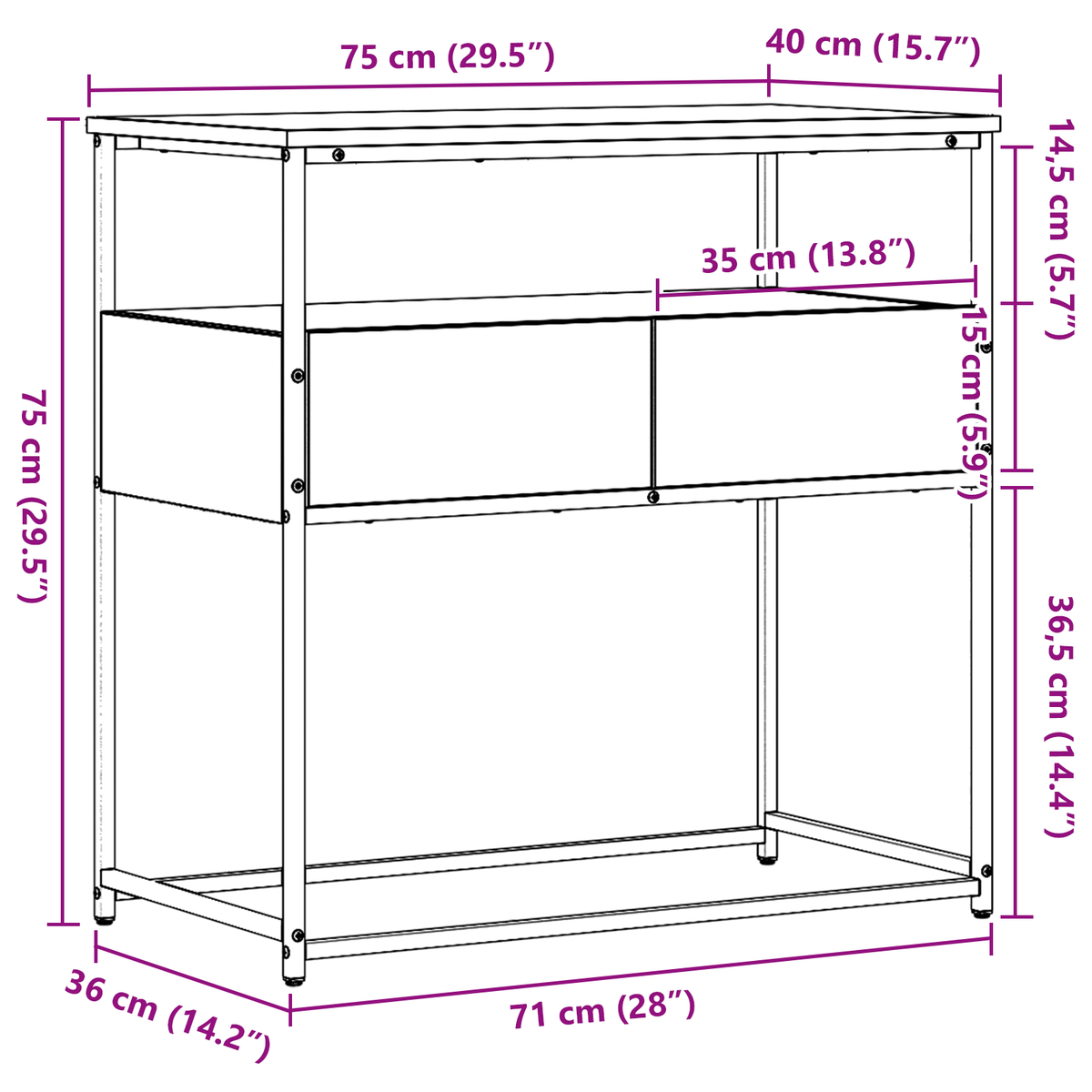 Konsolentisch Altholz 75 x 40 x 75 cm Schichtholz und Metall