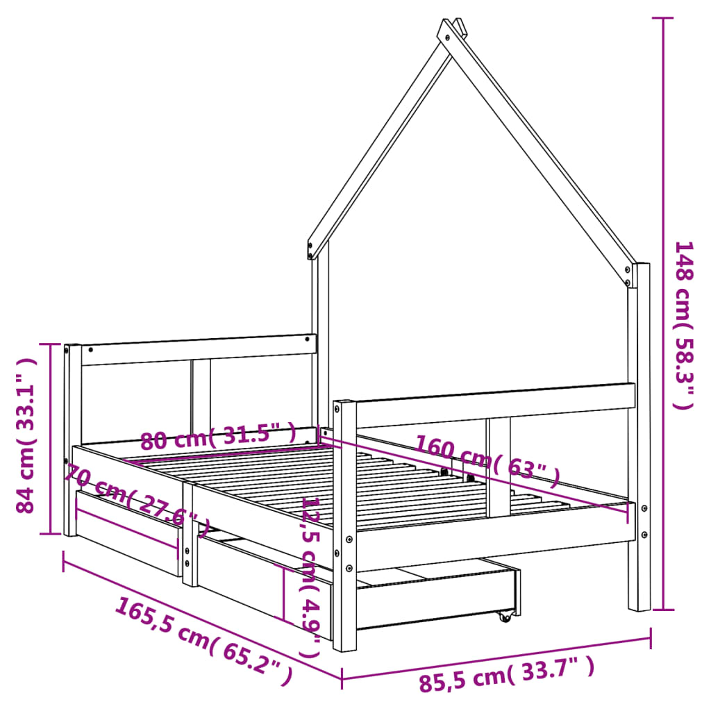 Kinderbett mit Schubladen Schwarz 80x160 cm Massivholz