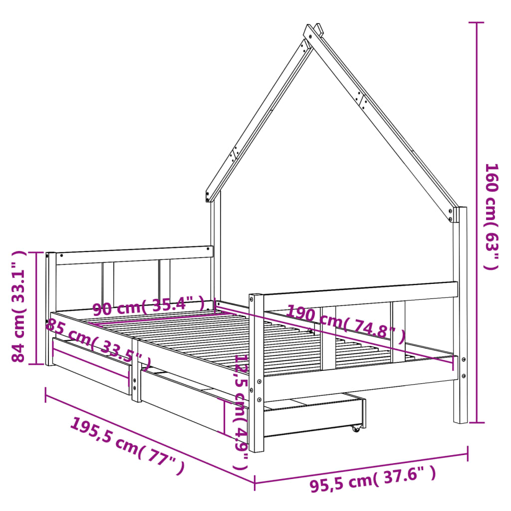 Kinderbett mit Schubladen Schwarz 90x190 cm Massivholz