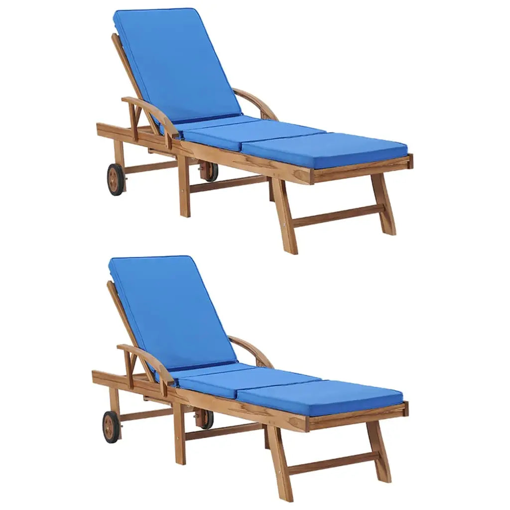 Sonnenliegen mit Auflagen 2 Stk. Massivholz Teak Blau